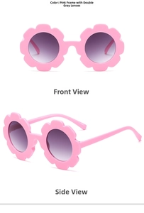 Detail view showing front and side profile of pink flower-shaped children sunglasses