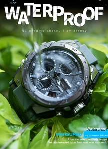 Army green waterproof sports watch submerged in water on a green leaf background