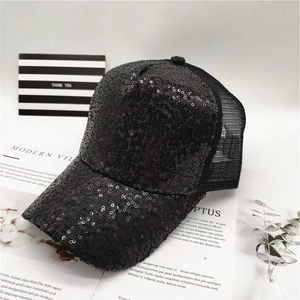 Women's black sequin baseball cap with breathable mesh and stylish minimalist design