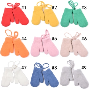 Winter knit baby mittens in nine colors with anti-lost neck strings and plush lining