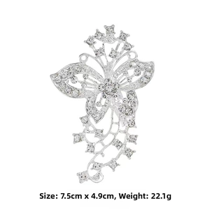 Detail view of butterfly flower rhinestone brooch, size 7.5cmx4.9cm and weight 22.1g