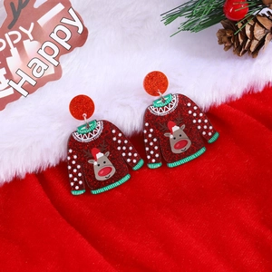 Detailed view of festive red sweater acrylic earrings with reindeer and snowflake motifs