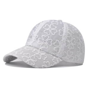 White breathable lace baseball cap featuring elegant four-leaf clover floral embroidery