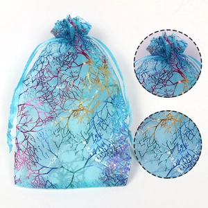 Blue coral pattern organza drawstring bag for jewelry packaging and gift storage