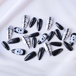 Halloween ghost and cracked pattern long stiletto press-on nails in black and silver