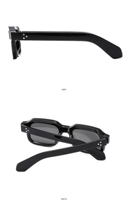 Detailed side and back view of black square sunglasses with silver rivet accents