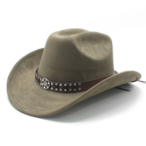 Detail of western cowboy hat with brown leather band and silver metal rivet accents
