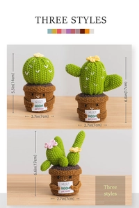 Detailed dimensions of handmade crochet cactus doll in knit pot with positive message card