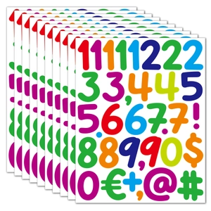 Macro view of 2-inch colorful waterproof vinyl number stickers with currency symbols