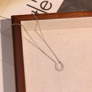 Minimalist titanium steel U-shaped horseshoe necklace with white zircon micro-pave