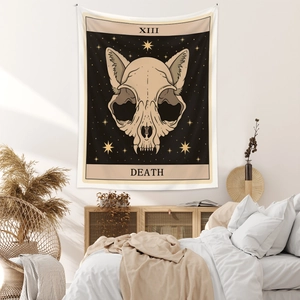 Detail of bohemian Tarot Death card wall tapestry with cat skull and gold stars
