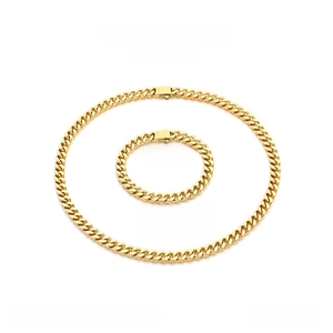 Detailed view of golden Cuban link necklace and bracelet set with size parameters