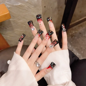 Handmade Press On Nails Gothic Black Cat Blood Drip Halloween 3D Relief Rhinestone Metal Rivet Long Coffin Fake Nails