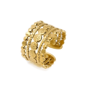 Adjustable 18K gold plated stainless steel multi-layer ring with textured floral relief