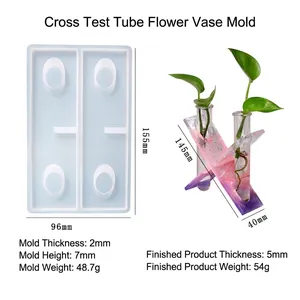 Macro view of DIY hydro-tube vase silicone mold with dimensions and finished resin product
