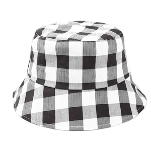 Detail of black and white gingham pattern fabric and stitching on a cotton bucket hat