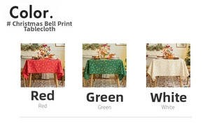 Detailed view of festive Christmas tablecloth with golden bell prints in red and green colors