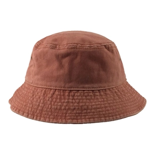 Short brim washed cotton bucket hat in brown with side vents on a clean white background