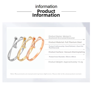 Three-tone titanium steel nail bracelets in silver, gold, and rose gold with pavé crystals