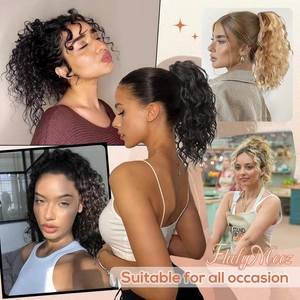Short wavy drawstring ponytail hair extension in black, brown, and blonde tones