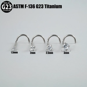 G23 titanium nose studs comparison in sizes 1.5mm to 3mm with clear zircon stones