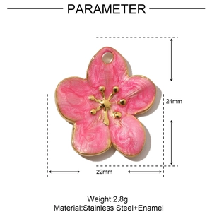 Detail view of pink enamel flower pendant in stainless steel with 24x22mm dimensions