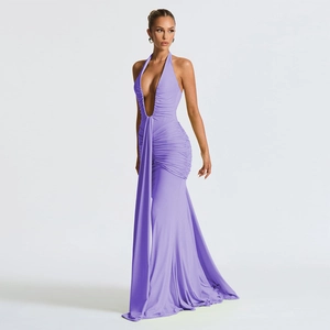 Elegant purple halter neck deep V-neck maxi dress with ruched details and mermaid hem