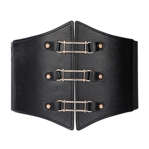 Women's vintage wide elastic waist belt with black leather and gold metal buckles