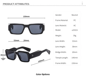 Detailed dimension chart showing frame width and temple length for square sunglasses