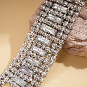 Luxury silver-tone bracelet with rows of rectangular AB rhinestones and white crystals
