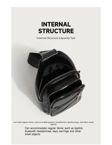 Macro view of multi-compartment internal structure of black leather chest bag with gold zippers