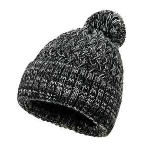 Winter knitted beanie hat with faux fur pom pom in black and grey snow color
