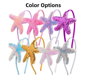 Detail showing eight colors of cute glitter starfish headbands for kids and parties