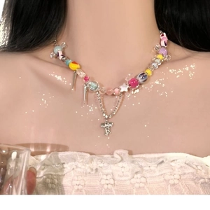 Colorful Y2K beaded necklace with hearts, stars, and cross pendants for summer style