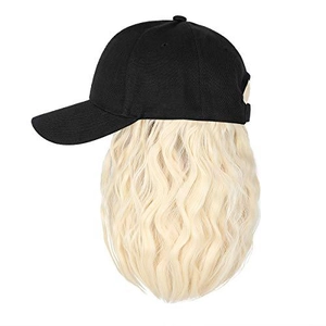 Detail of a black baseball cap with attached long wavy blonde synthetic hair extensions