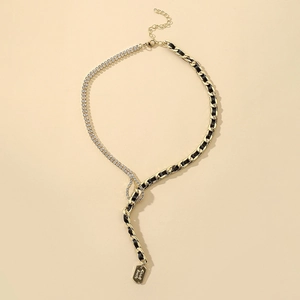 Collana A Y Con Pendente Quadrato Good Luck Lega Strass Nastro Intrecciato Nero Catena Per Donna Moda Vintage