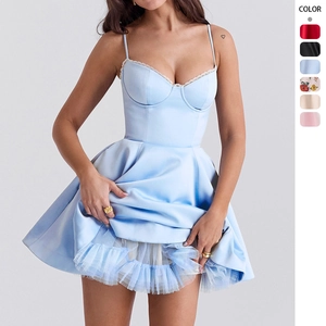 Women Satin Camisole Mini Dress Bustier Corset Puffy Mesh Hem Backless Princess Elegant Party