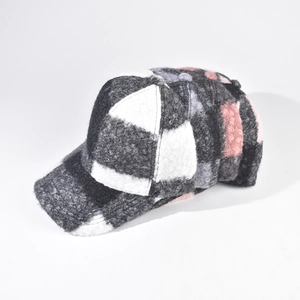 Classic plaid baseball cap for women and men in black, white, and lilac textured fabric