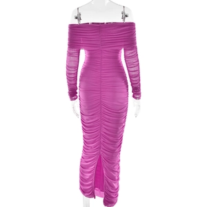 Detail view of purple off-shoulder mesh dress featuring ruched texture and a back slit