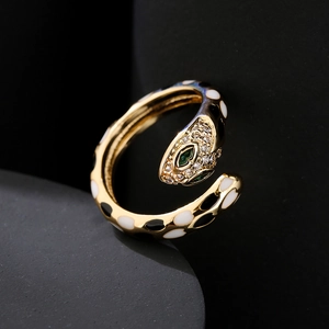 18k gold plated snake open ring with colorful enamel detailing and green gemstone eyes