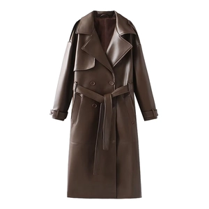 Brown long faux leather trench coat with waist belt and double-breasted lapels