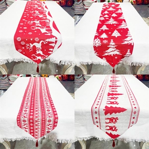 Christmas Table Runner Knit Red White Reindeer Snowflake Tassel Festive Dining Room Decoration Holiday Tablecloth