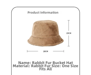 Detailed size chart for the solid color faux rabbit fur bucket hat showing dimensions