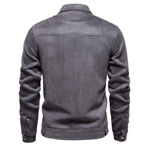 Back view of men's grey faux suede jacket with stitching details and buttoned hem