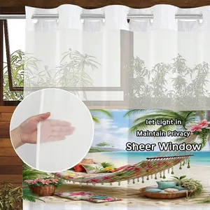 Tropical beach waffle weave shower curtain with silver metal rings for bathroom decor