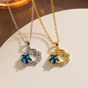 Minimalist Titanium Steel Star Moon Necklace For Women Blue Star Rhinestone Inlaid Non-Fading Gold Silver Plated Clavicle Chain Jewelry Gift