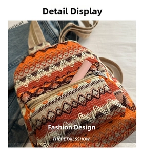 Detail of ethnic woven bag with geometric wave patterns and functional front zip pocket