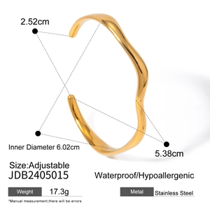 Gold-plated stainless steel wavy open cuff bracelet with waterproof adjustable design