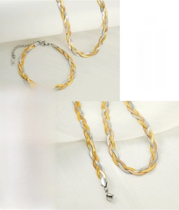 Macro detail of braided tri-color stainless steel snake chain necklace and bracelet