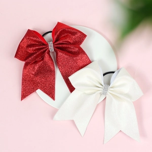 Sparkly sequin bow hair ties with rhinestones in red and white colors for girls